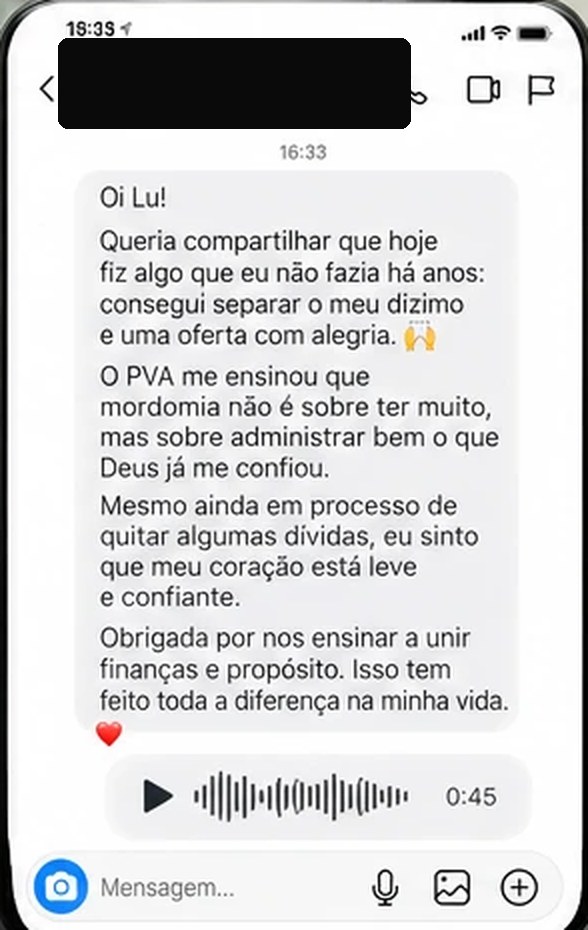Print de conversa: uma aluna conta que voltou a separar o dízimo e uma oferta com alegria e que aprendeu sobre mordomia no PVA.