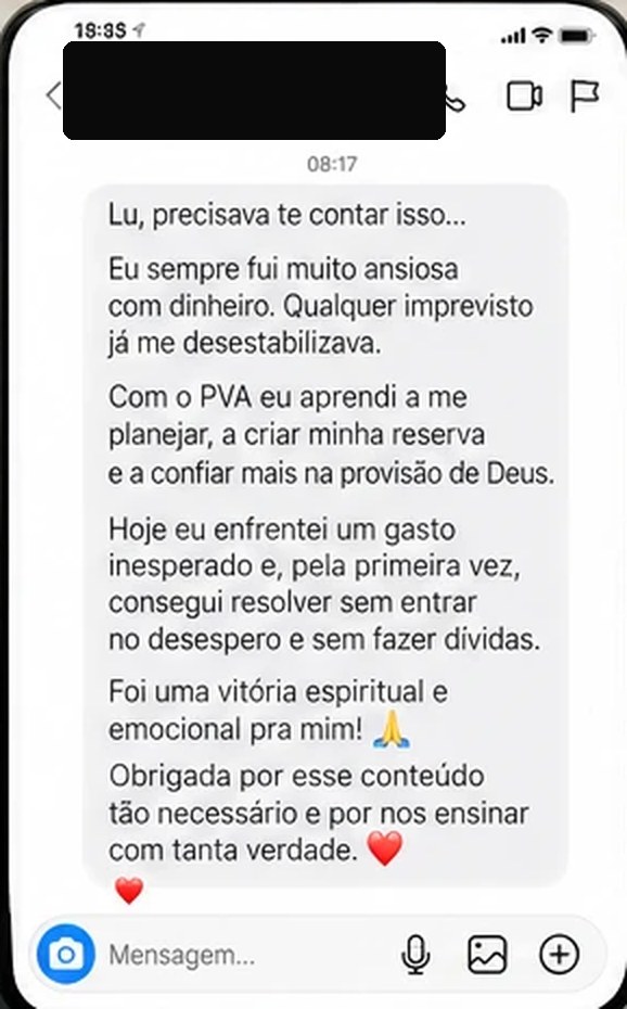Print de conversa: uma aluna conta que enfrentou um gasto inesperado e resolveu sem entrar em desespero nem fazer dívidas.